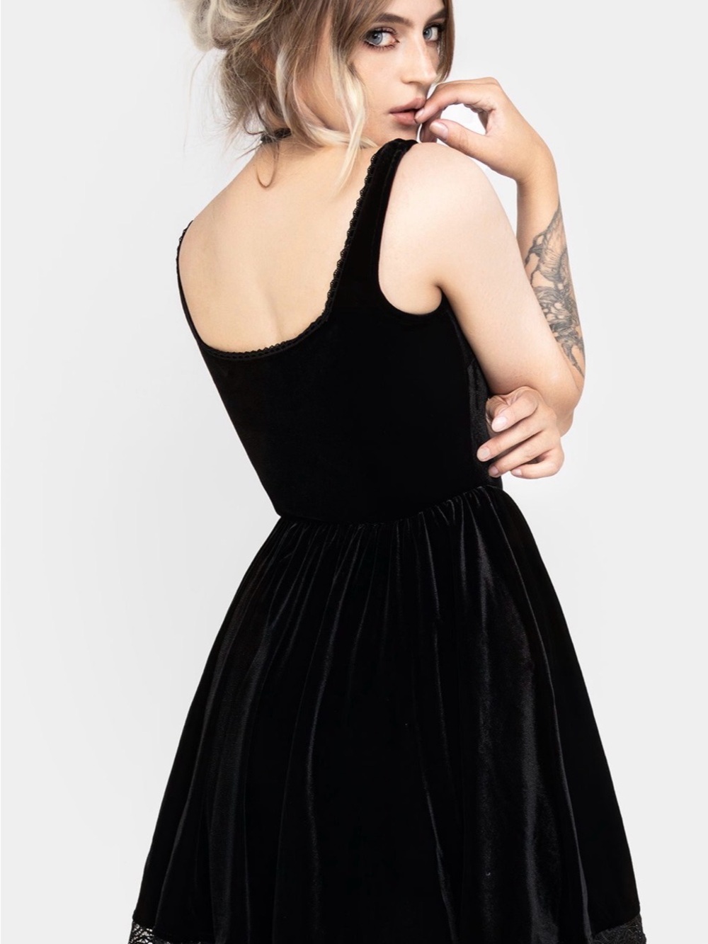 NWT Disturbia Orbweb Lace Hem Velour Mini Dress Black 6 - Picture 5 of 8